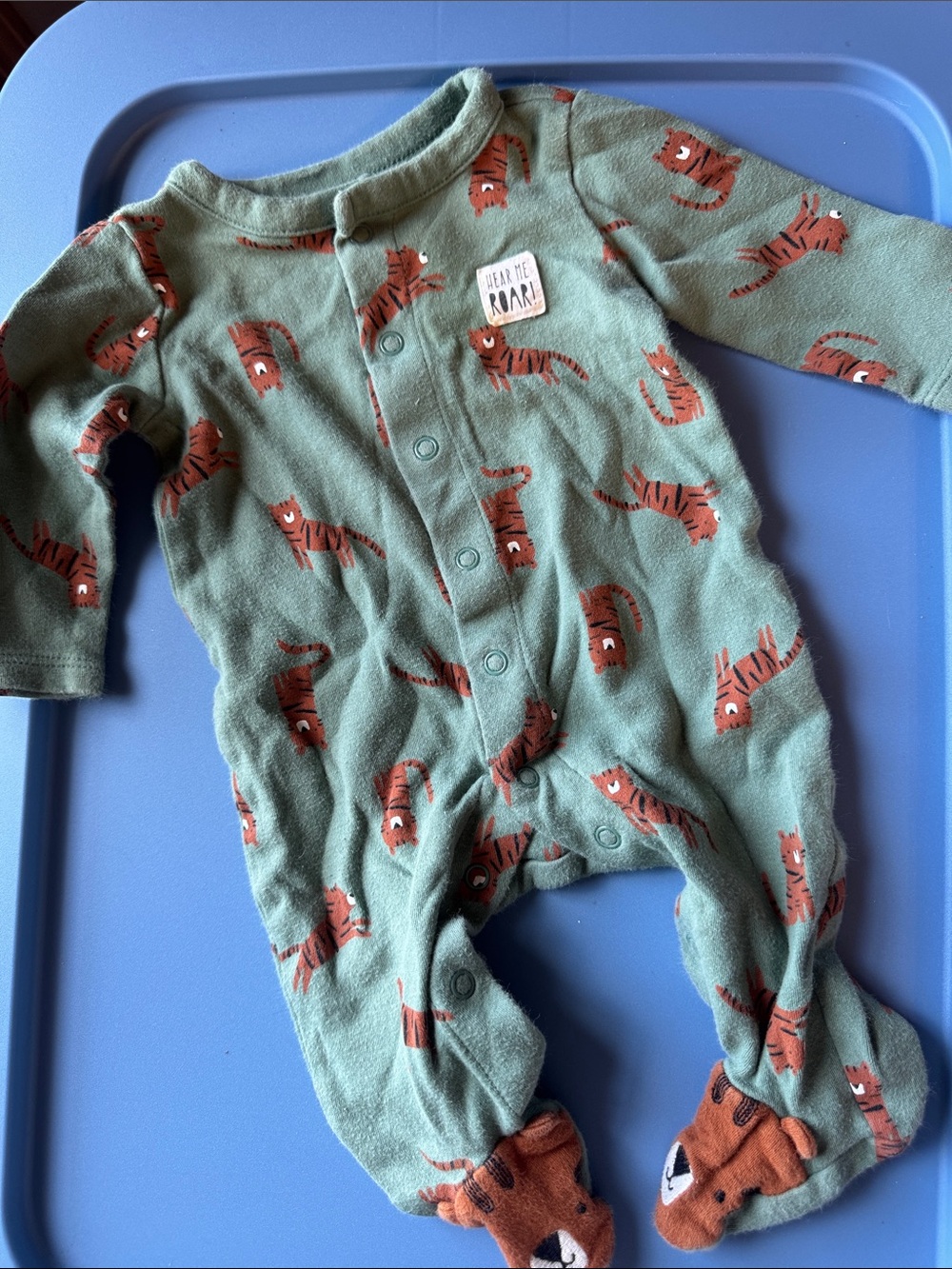 Green Tiger-Print Baby Footed One-Piece